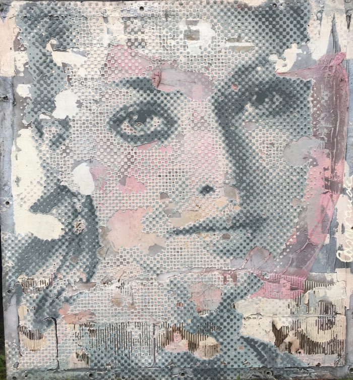 Patrizia Casagranda, Untitled, mixed media (stencil, color pigment, plaster, fabric, recycled truck canvas from India) on wood, 100 x 100 cm